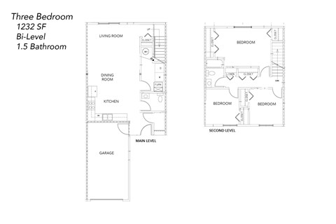 Floor plan for 3 beds, 1.5 baths, 1232 sqft